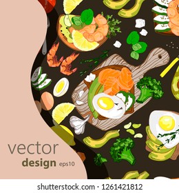 Vector template, hand-drawn seamless pattern with healthy food, toasts with red fish and avocado, vegetables and herbs, on gray background, healthy food concept. Vector graphics