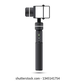Vector template of handheld stabilizer for action camera. Vector illustration with realistic selfie stick for action extreme camera.