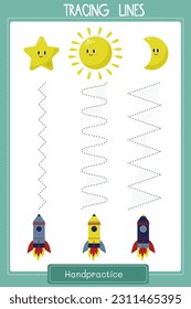 vector template handpractice for preschool children with funny rocket