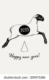 Vector template of happy 2015 new year greetings for upcoming two thousand and fifteen minimalistic post card featuring sheep with number badge, christmas tree icon and message