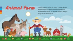 Vector Template Of Happy Animal Farm With Farmer, Pet, Barn And Tractor.