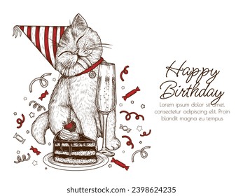 Vector template for happy birthday card. Cat in a festive cap with champagne and a piece of cake in engraving style