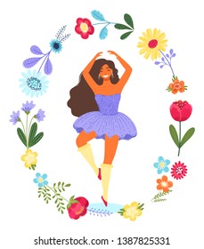 Vector template with happy dancing woman in the flower circle. Modern flat colorful vector illustration. Young pretty girl surrounded by flowers isolated on white background. EPS 8.