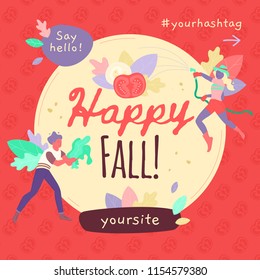 Vector template with Happy Fall words banner design on fall style red background. Square format. 