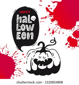 Vector template of happy Halloween party invitations or greeting cards with handwritten calligraphy lettering. illustration of smile pumpkin, skull, drops of blood. All saint's Day.