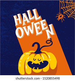 Vector template of happy Halloween party invitations or greeting cards with handwritten calligraphy lettering. illustration of smile pumpkin, skull, web, black widow spider. All saint's Day.