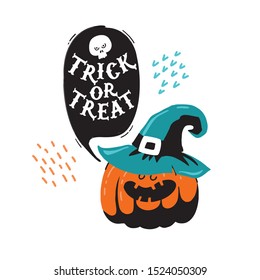 Vector template of happy Halloween party invitations or greeting cards. Handwritten calligraphy lettering Trick or Treat. illustration of smile pumpkin, skull. All saint's Day.