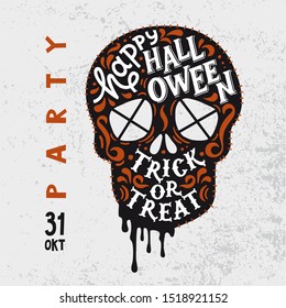Vector template happy Halloween Skull party invitations or greeting card with handwritten calligraphy silhouette lettering. Flat illustration of hand dead man, web, spider, blood. Poster All saint's