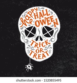 Vector template of happy Halloween Skull party invitations or greeting card with handwritten calligraphy silhouette lettering. Flat illustration of hand dead man, web, spider, blood. Cool poster