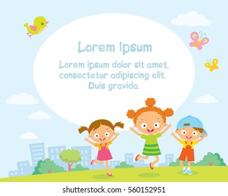 Vector template with happy kids children design playing jumping on the green grass of a meadow lawn with a blue sky and white clouds and summer on background.