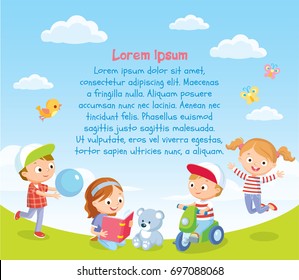 Vector template with happy kids children playing on the green grass of a lawn meadow with blue sky and white clouds birds and butterflies on background.Girl reading book to teddy bear.Boy on tricycle.