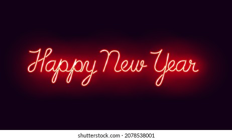 Vector template of "Happy New Year" glowing neon handwriting typography design in color red, Holiday celebration LED decorative light text sign.