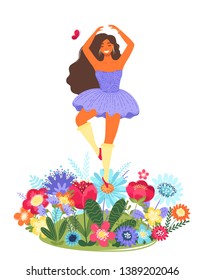 Vector template with happy woman dancing on a flower. Modern flat colorful vector illustration.