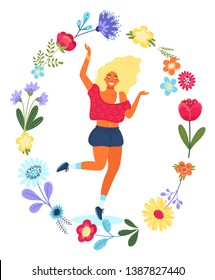 Vector template with happy woman in the flower circle. Modern flat colorful vector illustration. Young pretty girl surrounded by flowers isolated on white background. EPS 8.