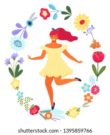 Vector template with happy woman in the flower circle. Modern flat colorful vector illustration.