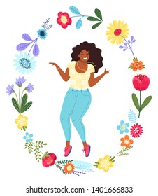 Vector template with happy woman in the flower circle. Modern flat colorful vector illustration.