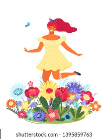 Vector template with happy woman and flowers. Modern flat colorful vector illustration.