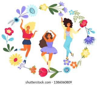 Vector template with happy women and flowers. Modern flat colorful vector illustration. Young pretty girls surrounded by flowers. EPS 8.