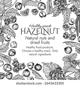 Vector template with hazelnut branch in engraving style. Graphic banner with forest nuts on tree. Frame with growing healthy snack. Nuts in shell and cut