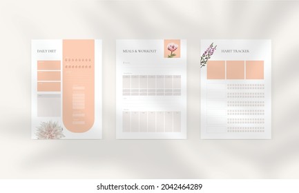 Vector template for healthy habits planners, meals and fitness planner daily and weekly schedule, workout tracker. Vector template for 3 posters,  shadow overlay included