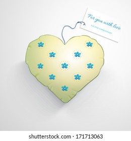 Vector template. Heart pillow. Pattern imitates embroidery cross stitch and beads. Beautiful flowers forget-me-not. Wedding or Valentine's Day. Realistic shadows. Label for your text.
