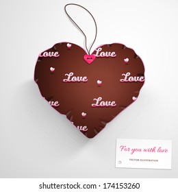 Vector template. Heart pillow. Seamless background. Beautiful word "Love" and hearts. Wedding or Valentine's Day. Realistic shadows. Label for your text.