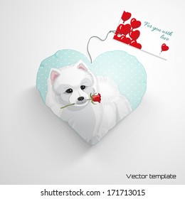 Vector template. Heart pillow. White Spitz holds a rose. Simple seamless background with polka dots. Wedding or Valentine's Day. Realistic shadows. Label for your text with balloons.