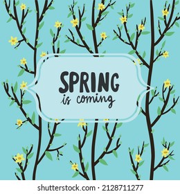 Vector template, hello spring background. blooming leaves on a tree. lettring. hand drawing for social networks
