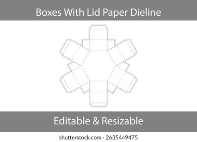 Vector template for hexagon box with lid and dieline design for packaging purposes