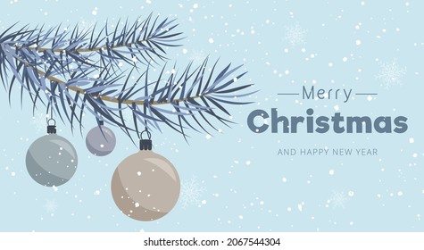Vector template of a holiday card for Christmas and New Year. There are three toys hanging on the Christmas tree branch. Vector illustration.