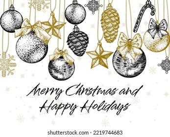 Vector template of a holiday card with Christmas decorations in the style of engraving