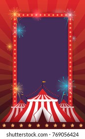 Vector template for holiday with a tent and fireworks. Carnival and fun.