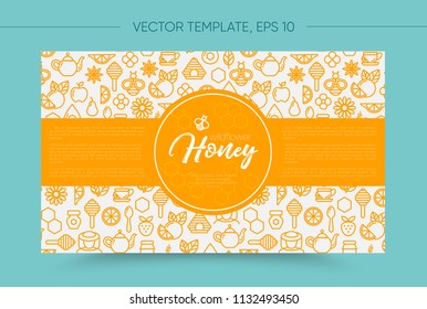 Vector template with honey bee emblem and seamless pattern. Honey outline icons. Warm yellow color. Card, label, banner design template. Horizontal format.
