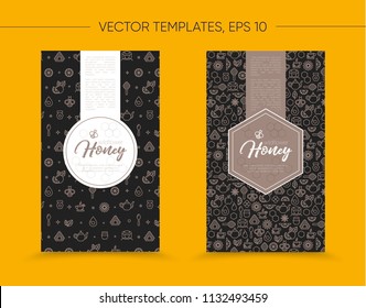 Vector template with honey bee emblem and seamless pattern. Honey outline icons. Royal black and bronze color. Card, label, banner design template. Vertical format. Premium product.