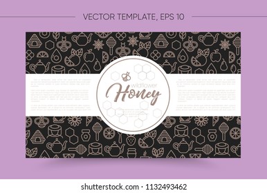 Vector template with honey bee emblem and seamless pattern. Honey outline icons. Royal black and bronze color. Card, label, banner design template. Horizontal format. Premium product.
