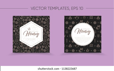 Vector template with honey bee emblem and seamless pattern. Honey outline icons. Black and beige color. Card, label, banner design template. Vertical format.