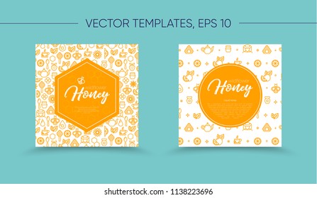 Vector template with honey bee emblem and seamless pattern. Honey outline icons. Warm yellow color. Card, label, banner design template. Vertical format.