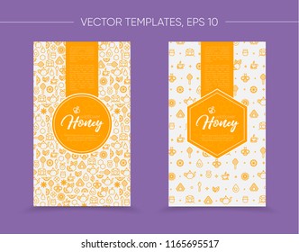 Vector template with honey bee emblem and seamless pattern. Honey outline icons. Warm yellow color. Card, label, banner design template. Vertical format.