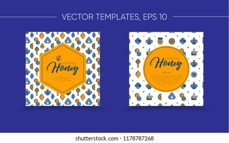 Vector template with honey bee emblem and outline pattern. Honey icons. Warm yellow and navy color. Card, label, banner design template. Square format.