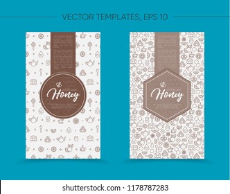 Vector template with honey bee emblem and outline pattern. Honey icons. Warm mocca color. Card, label, banner design template. Vertical format.