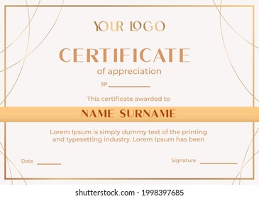 Vector template of horizontal elegant certificate of appreciation with golden frame. 
