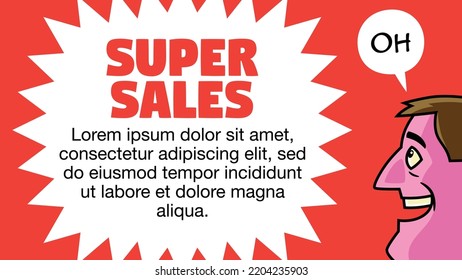 Vector template in horizontal format, of a commercial offers, with a text that says Super sales, on a flat red background and with the smiling face of a cartoon style man.