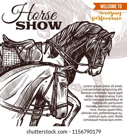 Vector template for horse riding poster with hand drawn horses with saddle and bridle. Design with sketch illustration for riding school or horse show