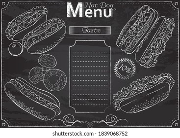 Vector template with Hot Dog elements for menu stylized as chalk drawing on chalkboard.Design for a restaurant, cafe or bar. Fast food menu
