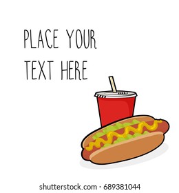 Vector template with hotdog and red soda cup for fast food business. Isometric cartoon style with text.