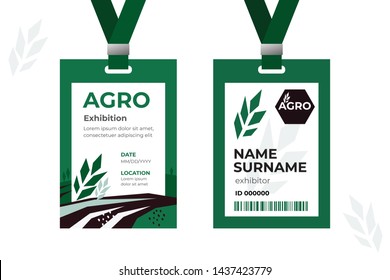 Vector template of ID card with strap. Design identity card for agricultural exhibition or business conference. Illustration of farming with field and wheat. Agro logo. Two sided authentication pass.