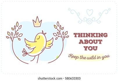 Vector template with illustration of beautiful singing yellow bird with branches and crown with inscription. Flat line art style bird for print, web, site, gift card, romantic banner, greeting card