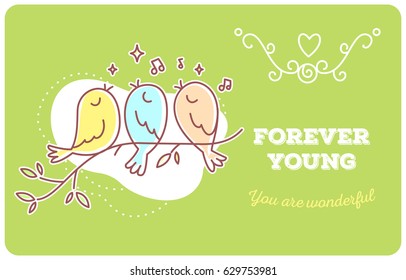 Vector template with illustration of beautiful singing three birds sitting on a branch with notes on green background. Flat line art style bird for web, site, gift card, romantic banner, greeting card