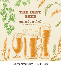 Vector template illustration of beer. Raw material for brewing: branch of hops and ears of barley. Card design.