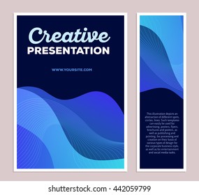 Vector template illustration of blue colorful abstract composition with text on black background, two vertical formats. Creative presentation concept. Flat art design modern style for web, poster